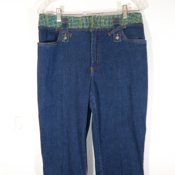 City Girl Nancy Bolen Bootcut Jeans Women's 14 Blue Embellished Tweed Waistband - Picture 2 of 4